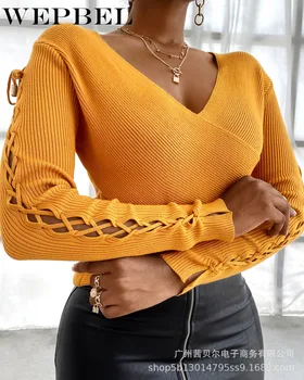 WEPBEL Autumn Fashion Long Sleeve V-neck Slim-Fit Lace Up T-shirt Top Women's Casual Solid Color Knitted T-shirt