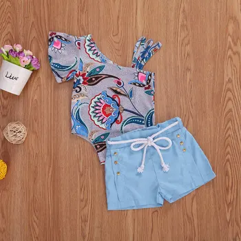 2020 Nye mode afslappet Spædbarn Nyfødte Baby Piger Skulder Blomster Bodyer Bånd Bånd Shorts Sæt 2stk Sommeren Boho Udstyr