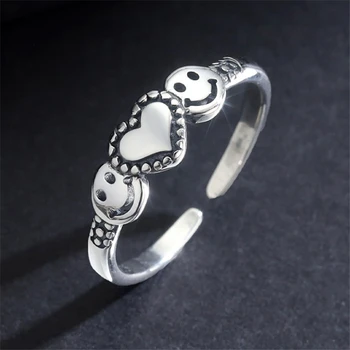 Koreansk Stil Hele Salget Dobbelt Smil Ansigt Kærlighed Hjerte Justerbare Ringe Til Kvinder, Damer 925 Sterling Sølv Vintage Åben Ring