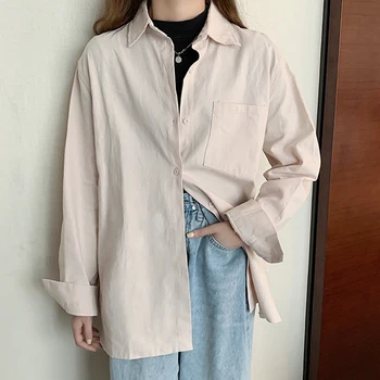 2021 Spring Nye Kvinder Vintage Solid Oversize Bluse Turn-Down Krave Efteråret Hvid Skjorte-Knap Op koreanske Basic Toppe T0O704F