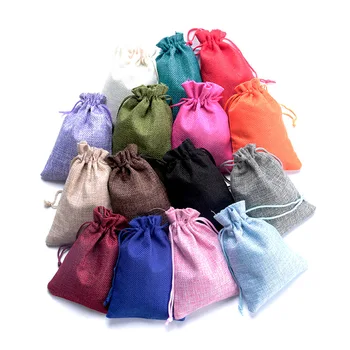 50 stk Vintage Stil håndlavet farve naturlig Jute Sengetøj Smykker Rejse Opbevaringspose Mini Slik jute Pakning af Poser til gavepose