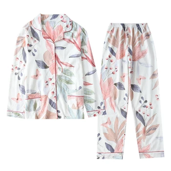2020 Nye Damer Pyjamas Sæt Blade Trykt i Bomuld Frisk Stil Nattøj Kvinder Turn-down Krave Kvindelige Casual Homewear