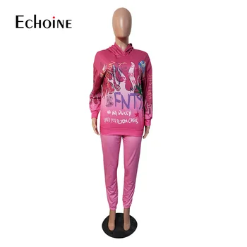 Echoine Kvinder Farverige Brev Print Sweatshirt Sæt Fuld Ærme Hætteklædte Track Top & Bukser Personlighed Casual Træningsdragt, 2 Delt Sæt