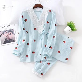 2STK Japansk Kimono Yukata Indespærring Dobbelt-LayerMaternity Pyjamas Sygepleje Wear Pyjamas hjemmesygepleje Tøj