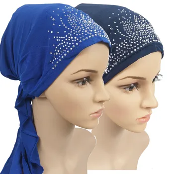 2020 Mode Muslimske Kvinder Indre Hijab Caps Solid Farve Diamanter Tørklæde Hat Femme Musulman Turbanet Bonnet Caps Indiske Hat