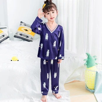 Børn Pyjamas for Pigen 2020 Efterår og Vinter Falske Silke Børn Nattøj Sæt V-hals Lange Ærmer Sød Dreng Pyjamas Lange Bukser Hjem