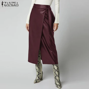 ZANZEA 2021 Stilfulde Kvinder PU Læder Nederdele med Høj Talje Split Lace-Up Midi-Nederdele Kvindelige Solid Robe-Knappen Vestidos Jupe Plus