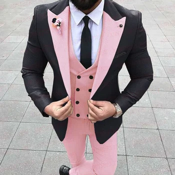Pink Caual Mænd Jakkesæt med Sort Jakke 3 Stykke Bryllup Groomsmen Tuxedo New Mandlige Mode Kostume Dobbelt Breasted Vest Bukser