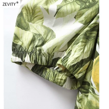 2020 kvinder vintage-pladsen krave citron, grønne blade print korte bluse kære puff ærmer casual skjorter smart chemise toppe LS6775