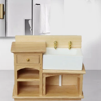1:12 Skala Dukkehus Miniature Møbler, Badeværelse, Køkken, Træ-Hånd Vask Simulering Hjem Håndvask Kabinet Model