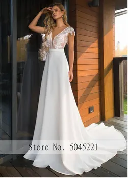 Elegant Chiffon V-hals A-line brudekjoler 2021 Boho Brude Kjoler, Rygløs Vestido de noiva Plus size Blonder Lang Bruden Kjole
