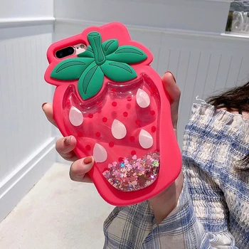3D Jordbær Dynamisk Flydende Kviksand Stjernede Phone Case For iphone 8 Plus 7 Tilfælde XR 6 plus Blød Silikone Ananas Glitter Cover