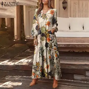 2021 Kvinder Maxi Kjole ZANZEA Fashion Damer Blomster Trykt Vestidos Efteråret Puff Ærmer Sundress Plus Størrelse 5XL Kvindelige Part Kjole
