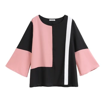 Amtivaya Bluse Foråret 2020 Nye Pink Sort Farve Blok Plus Size Kvinder Casual Top O Neck Langærmet Skjorte Nye Ankomst