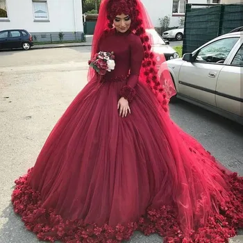 3D Flower Bourgogne Muslimske brudekjoler 2020 arabisk Plus Size Islamiske Hijab Bolden Kjole Lange Ærmer Tyl Kaftan Tyrkiet Brude