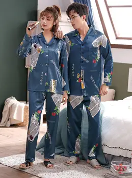 Par Silke Satin Pyjamas Pyjamas Sæt med Lange Ærmer Nattøj Pijama Pyjamas, der Passer Kvinder Og Mand Ternet Pyjamas 2PC Sæt Loungewear