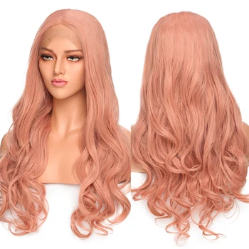 SNOILITE 24inch Syntetiske Lace Front Wig Lange bølgede guld pink lilla hår parykker varmeandig Hair party cosplay paryk til kvinder