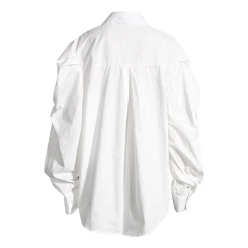 TWOTWINSTYLE Casual-Shirt Til Kvinder Revers Puff Ærmer Minimalistisk Stor Størrelse Løs Bluse Kvindelige 2020 Efteråret Mode Nye Stil