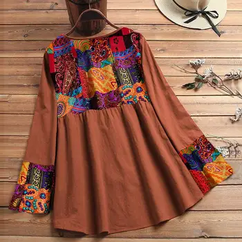 2021 Foråret langærmet Bluse ZANZEA Casual Asymmetrisk Shirts Kvinder Vintage Print Patchwork Bomuld Tunika Toppe Kvindelige Chemise