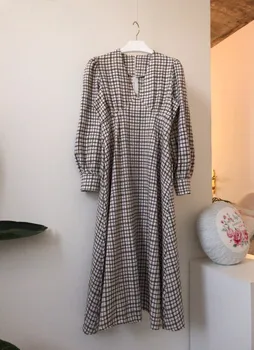 Puff Ærme Elegant Midi-Kjole til Kvinder i fransk stil, Efterår, Forår Bodycon Plaid Kjoler Casual Vintage Kjole