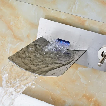 Børstet Nikkel Vandfald Dual-hulsbatteri til Håndvask Armatur Badeværelse Enkelt Håndtag Tub Vask Blandingsbatterier med LED Farve Skiftende