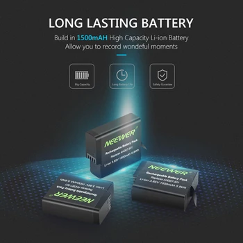 Neewer Batteri Oplader Sæt Til GoPro Hero 8/Hero 7/Hero 6/Hero 5 (1500mAh AHDBT-501 Batteri, 3-Kanals USB Oplader)