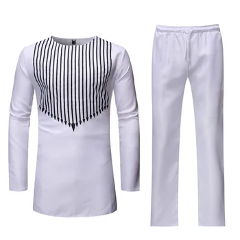 Hvid Stribet Afrikanske Dashiki Print Top Bukser Sæt 2 Stykker Tøj Sæt 2020 Helt Nye Mænd Afrikanske Tøj Streetwear Afrikanske Passer Til