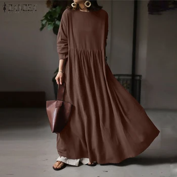 Mode Solid Maxi Kjole Kvinders Plisserede Sundress ZANZEA 2021 Afslappet langærmet Vestidos Kvindelige Bomuld Robe Femme Plus Størrelse