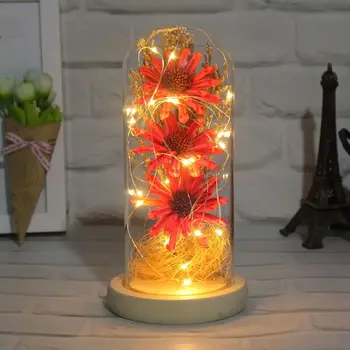 1 STK Tørrede Blomster Og LED-Lys Streng I Glas Kuppel På Træ-Base Den Bedste Gave Til Kvinder Og Valentinsdag