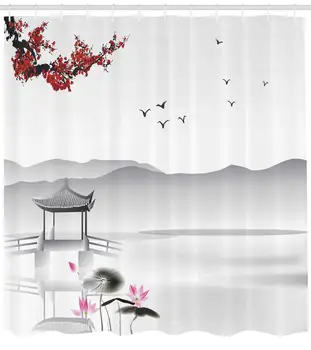 Cherry Blossom badeforhæng Japansk Folkloristisk Tema Sakura Træet Badeværelse Indretning Sæt med Kroge 70
