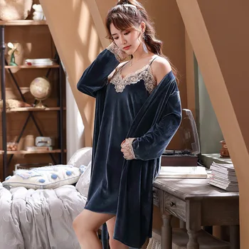 Kvinder Velvet Velour Sexet Nattøj Kinesiske Kvindelige Efterår Og Vinter Kjole Kjole Med Lange Ærmer Par Elskende Pyjamas