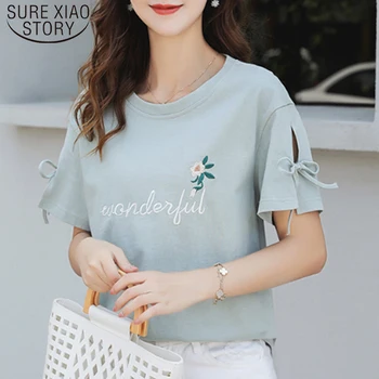 Koreansk Modetøj Afslappet Sommer Ladies Løs Skjorte kortærmet O-neck Shirt, Toppe Bomuld Skjorte Broderi Toppe 4848 50