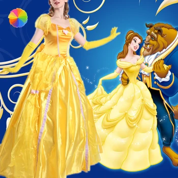 Halloween Skønheden og Udyret Cosplay Kostumer Voksen Belle Prinsesse Kjoler til Kvinder Animationsfilm Part Blomst Gul Lange Kjole XBFF