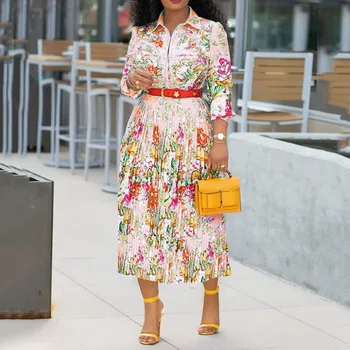 Blomster Plisseret Kjole Afrikanske Kvinder Efteråret Elegante Kontor Dame Arbejdstøj Plus Size Midi Kjoler Bohemia Robe En Linje Femme Vestidos
