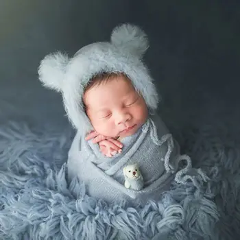 2 Stk Nyfødt Fotografering Rekvisitter Baby Sød Kanin Pels, Strik Hat Kostume Bære Håndlavet Toy Tilbehør Sæt