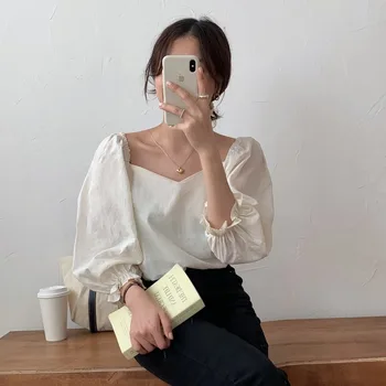 Koreanere Smarte Bluse Kvinder Sexet Firkantet Krave Puff Ærmer Til Damer Blusa Hvide Skjorter Forår 2020 Mode Afslappet Overdele 10165