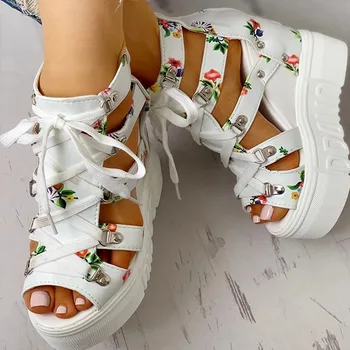 2020 Hot Salg Kvinder Sommer Sandaler med Blomster Print Kiler Hæle Corss-bundet Højde Stigende Kausal Mode Sko til Damer Whosale