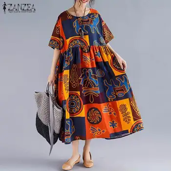2021 ZANZEA Kvinder Floral Print Kjole Sommeren Sundress Kvindelige Lang Vestido Vintage Løs Casual Kjole Femme Maxi Kjole Plus Størrelse