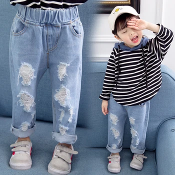 Baby Jeans Stjerne Print-Jeans Bukser Til Piger Elastisk Talje Kids Jeans Med Hul på Efteråret Nyhed Tøj Til Piger XIAO LU MAO