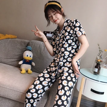 Pyjamas Sæt til Kvinder kortærmet sommer 2XL Cardigans Trykt Elegant Tynd koreansk Stil Homewear Lommer Dame Nattøj Ny