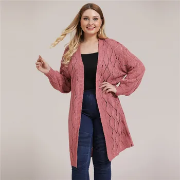 Langærmet Cardigan til Plus Size Kvinder Trøjer Damer Pink Sweater Kjole Tyk Lanterne Solid Strik Cardigans Vinteren Falder