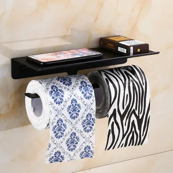 Badeværelse papir indehavere sort vægmonteret rulle køkkenrulle skrue gratis installation dispenser hjem med dobbelt anvendelse, mobiltelefon rack