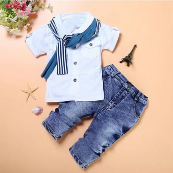 Spring Drenge Tøj Sæt Korte T-shirt + Jeans+Tørklæde 3 stk Baby Drenge Tøj Kids, der Passer Til 2-6 År Gamle, Børn, Børn Tøj