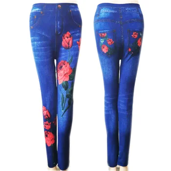 Plus Størrelse Sfit Kvinders Høj Talje Rose Print Efterligning Denim Falske Jeans Slim Fit Leggings Tynde Casual Leggings 8 Stilarter