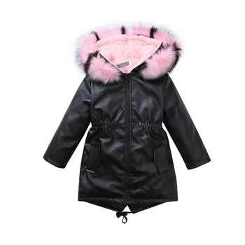 INS HOT piger' vinter jakker 5-13 år gamle børn er mid-længde PU læder + pels quiltet jakke bomuld, fløjl jakke hooded