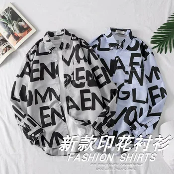 Skjorter Mænd Bluse Tendens Foråret/efteråret Personlighed Hong Kong Unge Student Par Geometriske Brev Udskrivning langærmet Skjorte