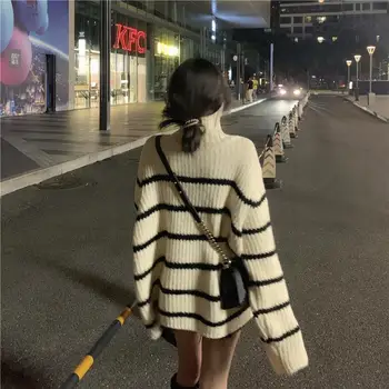 Pullovere Kvinder Bløde Efteråret Turtleneck Sweater Smarte Daglige Toppe Dame Pullover Sød Stribet Harajuku Strikkede Løs Outwear N13