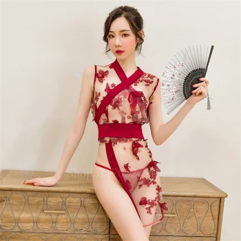 Japansk Hot Kimono Sæt til Kvinder, Sexet Lingeri Cospaly Kostume Sexet Split Se-gennem Broderi Kjole Obi Udstyr Pyjamas Sæt