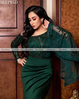Luksus Krystal Mørk Grøn Arabisk Aften Kjole Jakke Side Slids Lang Blusset Ærmer Plus Size Dubai Prom Kjoler Til Formelle Kjoler