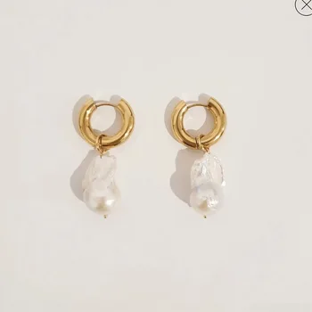 Barok perle huggie hoop øreringe i rustfrit stål til kvinder vintage-ins guld farve